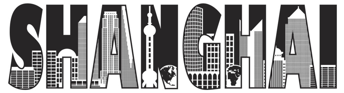 Shanghai City Skyline Outline Text Black and White Illustration