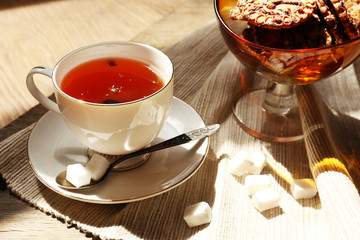 Cup of tea on table, close up