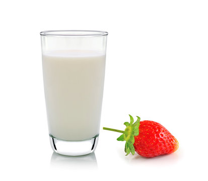 glass of milk and strawberry on white background