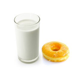 glass of milk and donut isolated on white background