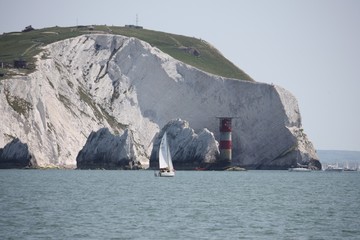 The red and white striped lighthouse at the needles