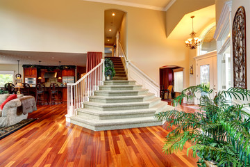Luxury house interior. Foyer with beautiful staircase