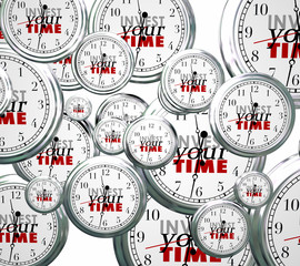 Naklejka premium Invest Your Time Many Clocks Competing Priorities Jobs Tasks