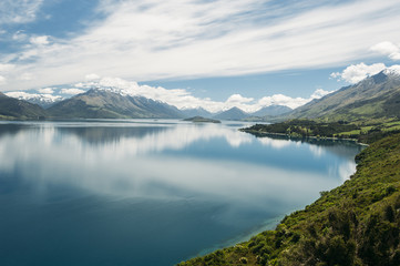 Fototapeta na wymiar Reflection of the mountain range on Lake Wakatipu, New Zealand
