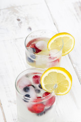 mineral water with fruit frozen in ice cubes