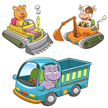 Set Of Construction Vehicle Animal Cartoon.