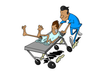 Dark skinned man being rushed on gurney