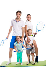 Happy sportive family. Father, mother and children. Over white b