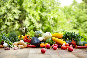 Légumes biologiques frais et fruits sur table en bois dans le jardin