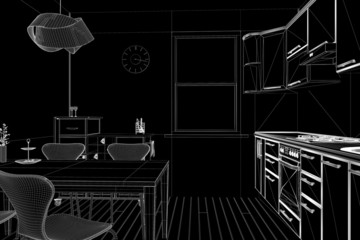 3D render of a kitchen in wireframe view