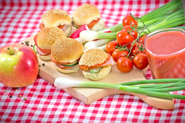 Perfect meal - Small sandwiches, apple and  strawberry juice