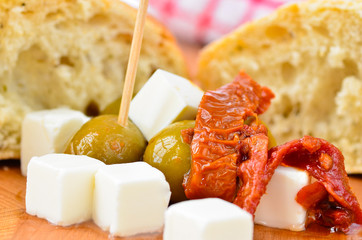 Olives, feta cheese and sun dried tomatoes
