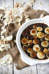 sweet and sour onions candied on balsamic vinegard on rustic set