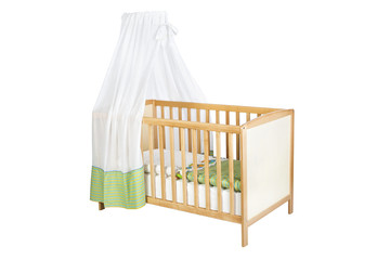 Baby cot with canopy isolated on white, with path
