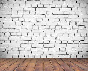 room interior vintage with white brick wall and wood floor
