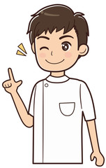 人差し指を立てる白衣を着た男性