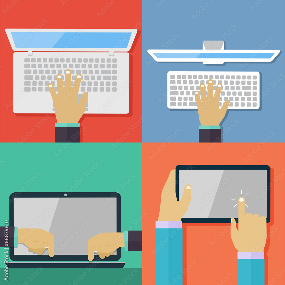 Poster set of flat hand icons holding various hi-tech computer and comm