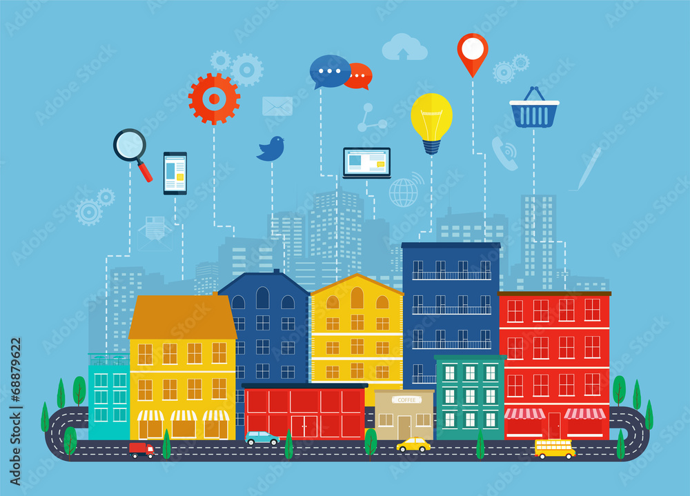 Poster global communication and navigation concept with flat icons aro