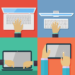 Set of flat hand icons holding various hi-tech computer and comm