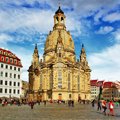 Fototapeta na wymiar Church Frauenkirche in Dresden Germany on a sunny day with blue
