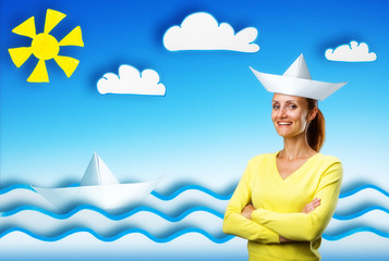 Happy smiling young woman on cartoon background