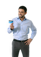happy attractive smart casual businessman showing credit card
