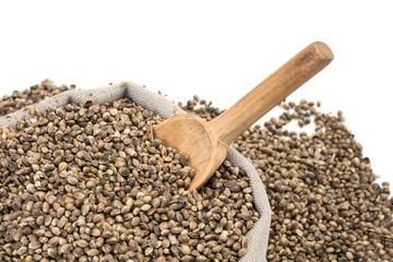 Hemp seeds in a bag with wood spoon on white background