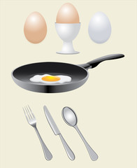 Eggs, pan and cutlery