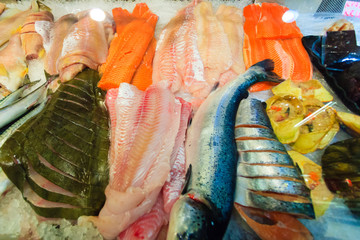 Fishes at fish market (Fisketorget) in Bergen, Norway