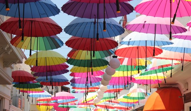 Artistic umbrellas along the streets of fethiye in turkey