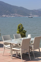 Seating at a resturant with views of fethiye in turkey