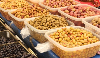 An assortment of olives at a turkish market