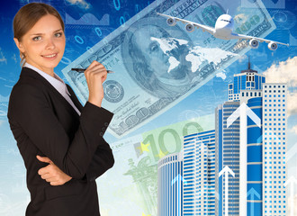 Businesswoman with airplane, skyscrapers and money