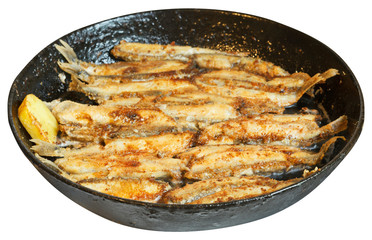 fried fish capelin on black frying pan isolated