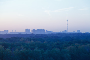 Fototapeta na wymiar TV tower and urban houses in early blue dawn