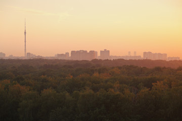 TV tower and urban houses in summer yellow sunrise