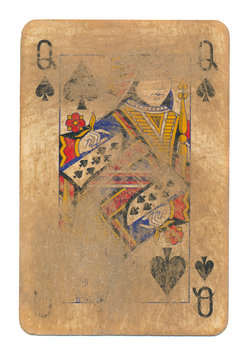 ancient  rubbed playing card queen of spades paper background