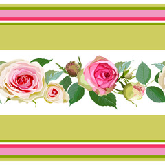 Seamless pattern with roses and stripes.
