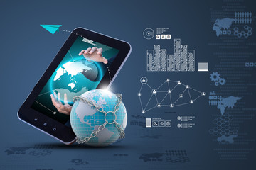Earth globe close in chain   with tablet