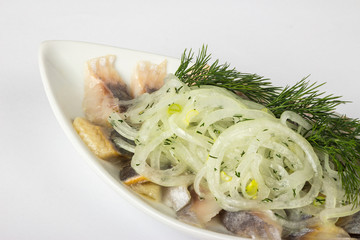 onion circles and dill with herring