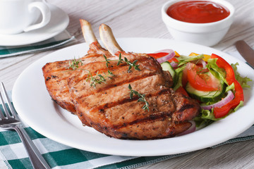 Pork meat grilled with fresh vegetable salad horizontal