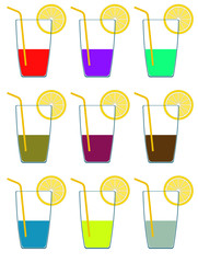 Icons of different color glasses of alcohol and lemon. Raster