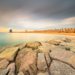 Barceloneta Beach in Barcelona at sunrise
