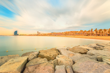 Barceloneta Beach in Barcelona at sunrise