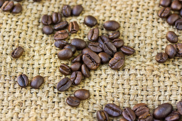 Coffee beans on Burlap Bag.
