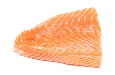Closeup of salmon steak on white background