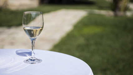 bicchiere con vino bianco sul tavolo in giardino