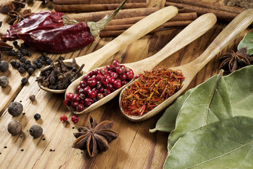 spices on wooden table.