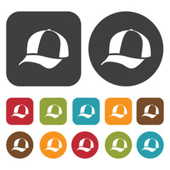 Baseball cap. Travel and vacation summer icons set. Round and Re