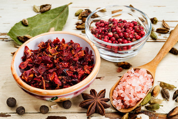 spices on checkered cover, selective focus